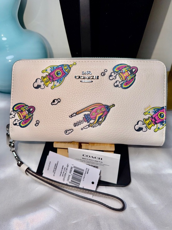 Coach Accessories - Coach White Pebble Leather Zip Wristlet with Multicolor Rocket Print NWT